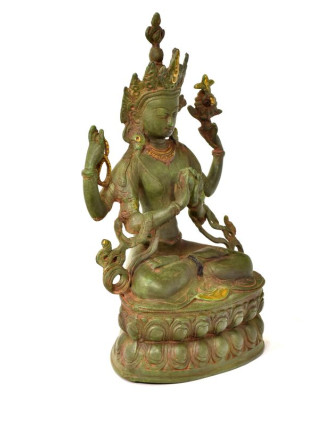 Avalokitéšvara, kovová soška, zelená patina, 36cm
