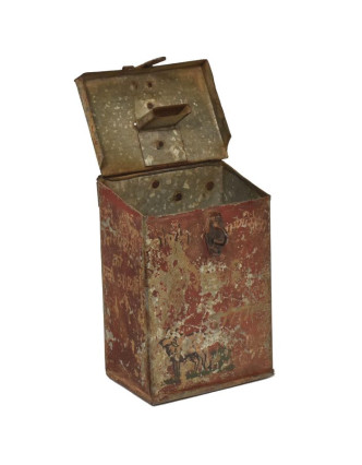Antik plechová pokladnička, ručne maľovaná, 12x8x16cm