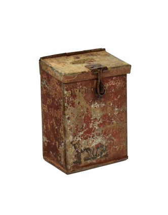 Antik plechová pokladnička, ručne maľovaná, 12x8x16cm