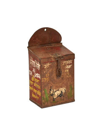 Antik plechová pokladnička, ručne maľovaná, 11x8x16cm
