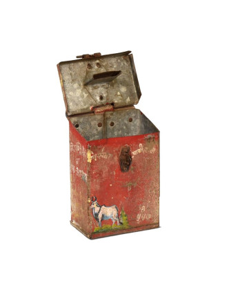 Antik plechová pokladnička, ručne maľovaná, 11x6x15cm