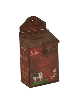 Antik plechová pokladnička, ručne maľovaná, 10x7x15cm