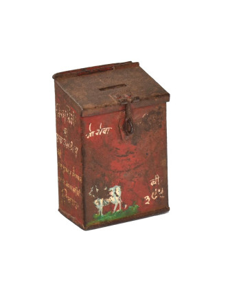 Antik plechová pokladnička, ručne maľovaná, 10x7x15cm
