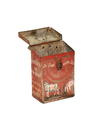 Antik plechová pokladnička, ručne maľovaná, 11x7x15cm