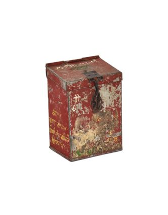 Antik plechová pokladnička, ručne maľovaná, 11x8x16cm