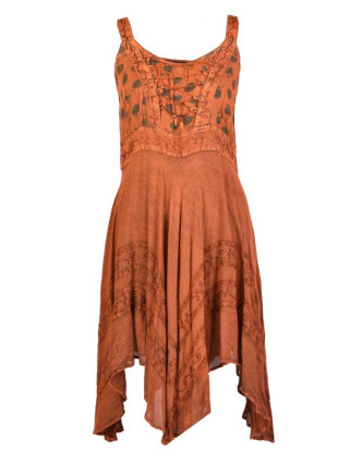 Krátke oranžové šaty na ramienka, výšivka, drobný potlač kvetín