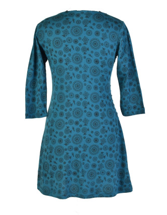 Modré šaty s trojštvrťovým rukávom a celopotlačou mandál, sklady na boku, výšku