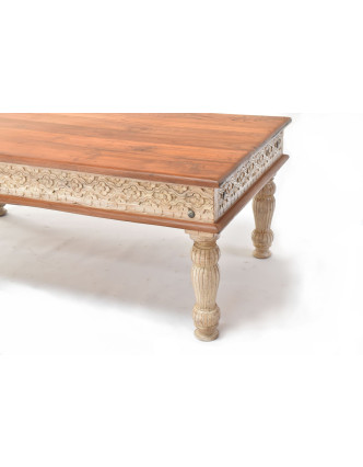 Konferenčný stolík z teakového dreva, ručné rezby, biela patina, 120x90x45cm