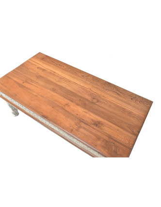 Konferenčný stolík z teakového dreva, ručné rezby, biela patina, 120x90x45cm