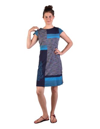 Krátke šaty s krátkym rukávom, tyrkysovo-modré, fialovo-modrý melír, potlač