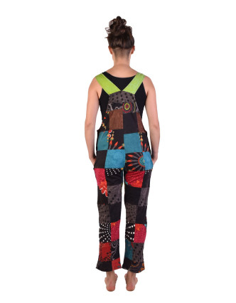 Nohavice s trakmi, vrecká, multifarebný patchwork, stonewash