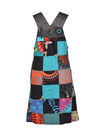 Krátke šaty na traky a vreckom, multifarebný patchwork