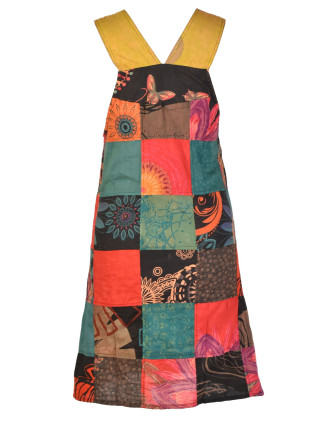 Krátke šaty na traky a vreckom, multifarebný patchwork, stonewash