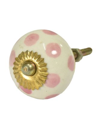 Maľovaná porcelánová úchytka na šuplík, biela s ružovými bodkami, priemer 3,7cm