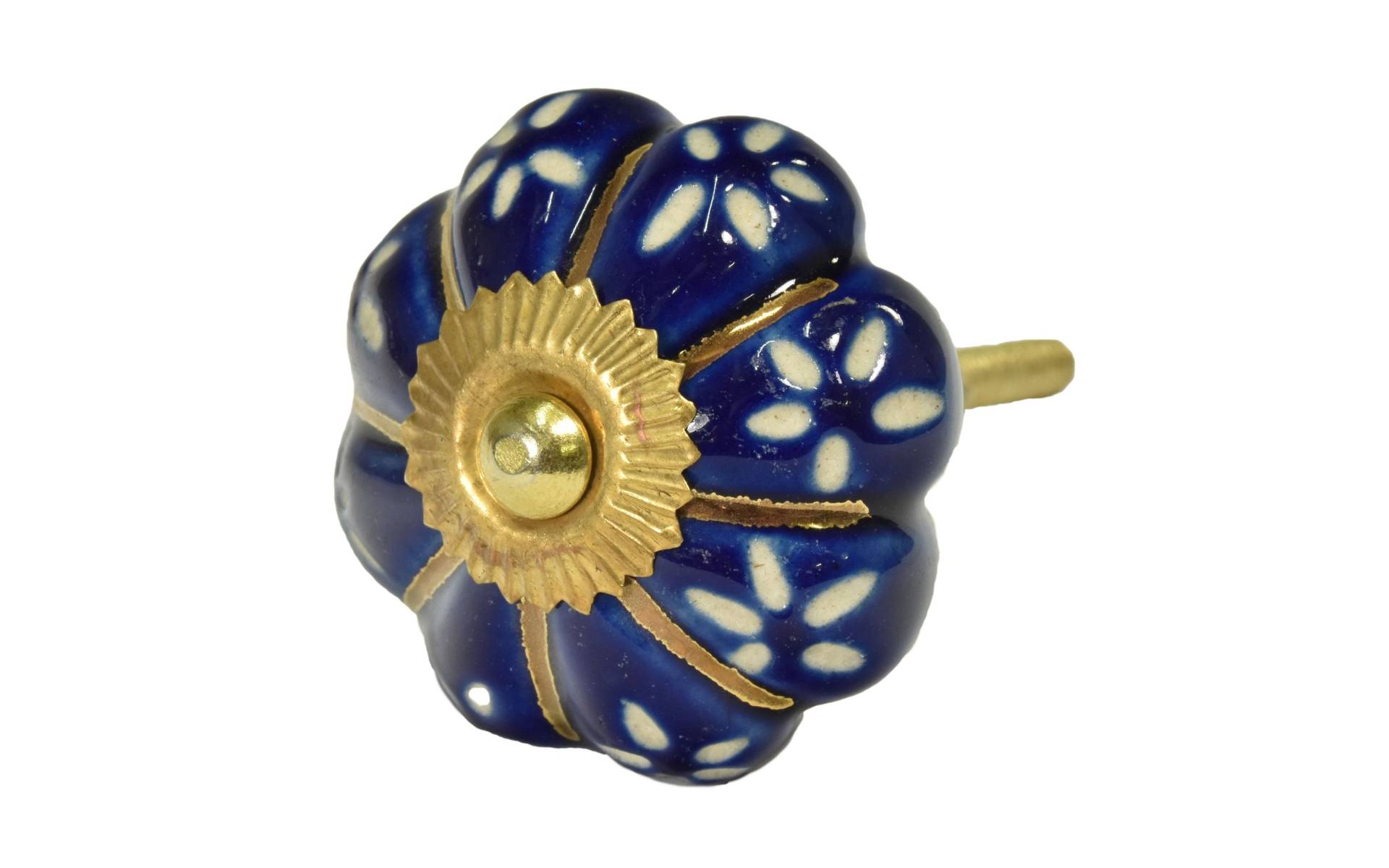 Maľovaná porcelánová úchytka na šuplík, modrá, zlaté lúče a biela kvety, 4,5cm