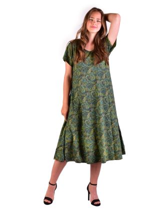 Dlhé šaty s krátkym rukávom, zelené s drobným paisley potlačou