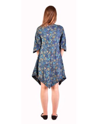 Krátke šaty s 3/4 rukávom, tmavo modré s drobným potlačou kvetín