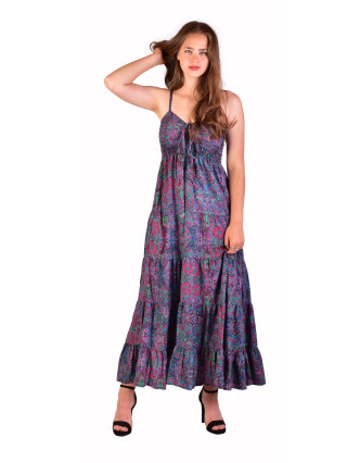 Dlhé šaty, tenké ramienka, fialové s drobným fialovým paisley potlačou