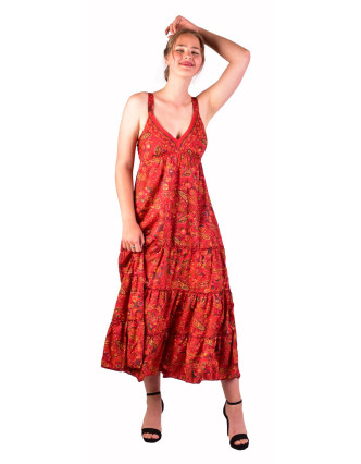Dlhé šaty na ramienka, červené s drobným paisley potlačou