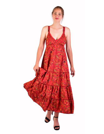 Dlhé šaty na ramienka, červené s drobným paisley potlačou