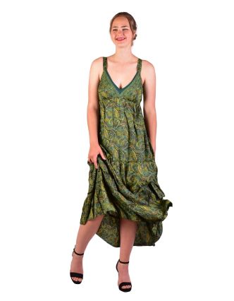 Dlhé šaty na ramienka, zelené s drobným paisley potlačou