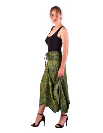 Dlhá letná nariasená sukňa, vrecká, zelená s drobným paisley potlačou