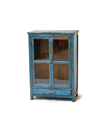 Presklená skrinka z antik teakového dreva, tyrkysová patina, 63x31x92cm