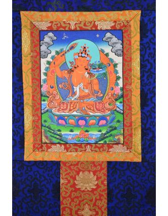 Thangka, Madžušrí, modrý brokát, 70x86cm