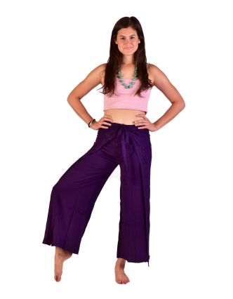 Dlhé zavinovacie nohavice s výšivkou, tmavo fialové