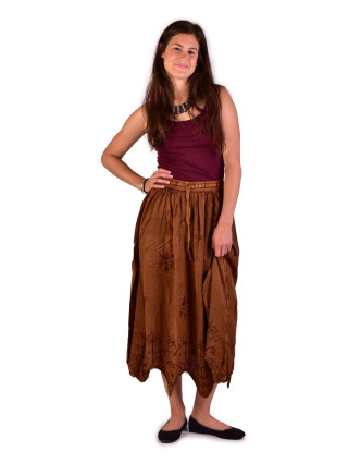 Dlhá sukňa s výšivkou, pružný pás, hnedá