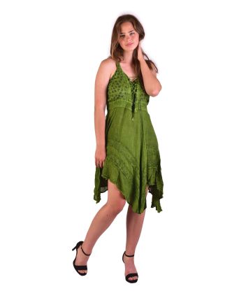Krátke zelené šaty na ramienka, výšivka, drobný potlač kvetín