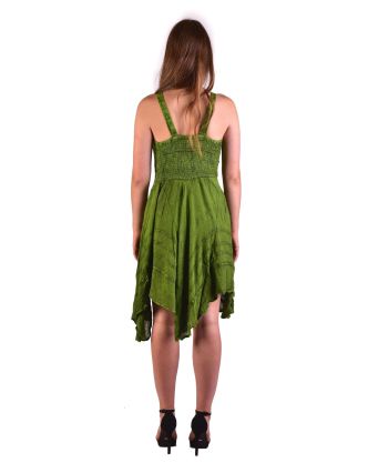 Krátke zelené šaty na ramienka, výšivka, drobný potlač kvetín