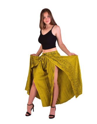 Dlhé thajské nohavice, žlté, pružný pás, výšivka