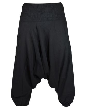 Čierne turecké nohavice so žabičkovaním v páse a vreckami