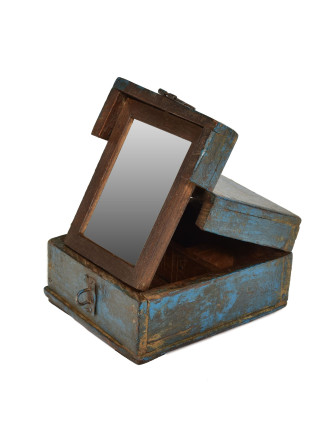Krabička so zrkadielkom "Barber box" z teakového dreva, antik, 14x17x9cm