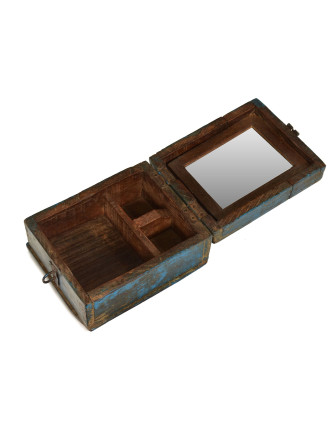Krabička so zrkadielkom "Barber box" z teakového dreva, antik, 14x17x9cm