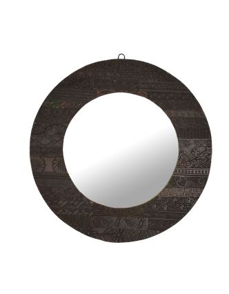 Zrkadlo v okrúhlom ráme z teakového dreva zdobené starými raznicami, 56x3x56cm