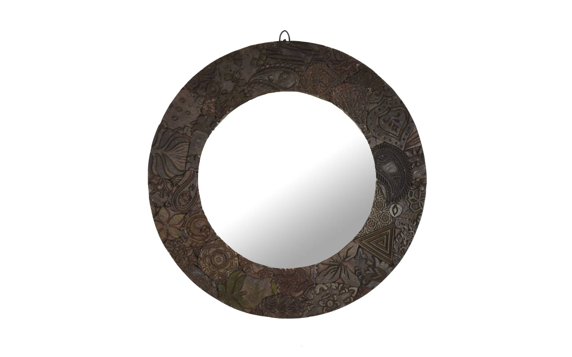 Zrkadlo v okrúhlom ráme z teakového dreva zdobené starými raznicami, 56x3x56cm