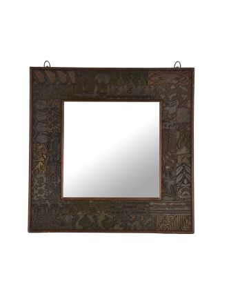 Zrkadlo v ráme z teakového dreva zdobené starými raznicami, 55x4x55cm