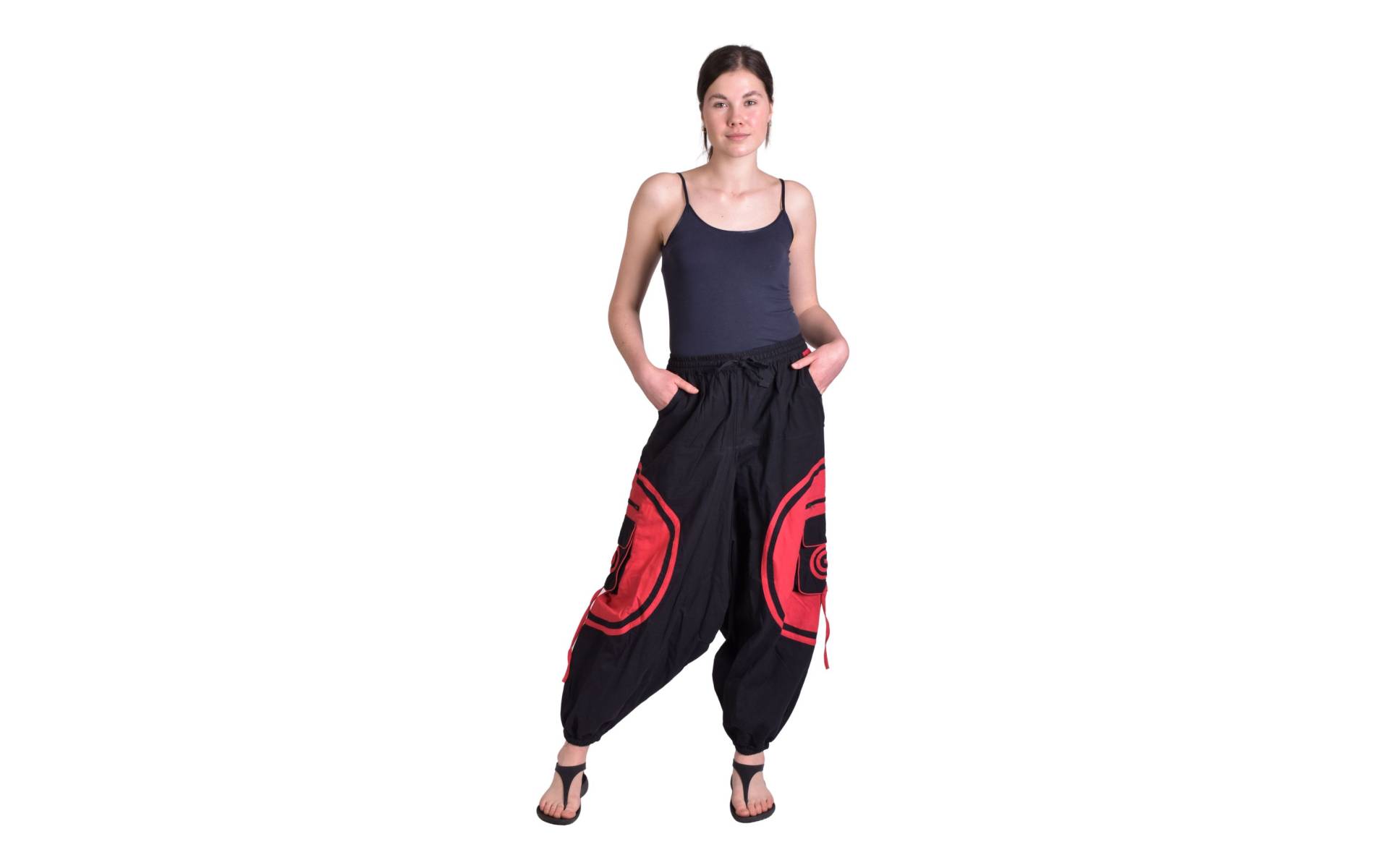 Dlhé turecké unisex nohavice, čierno-červené, vrecká, pružný pás