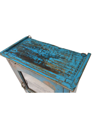 Presklená skrinka z teakového dreva, tyrkysová patina, 55x30x87cm