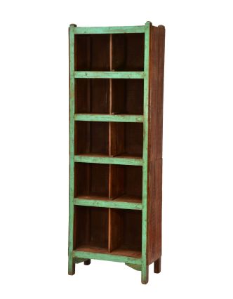 Knižnica z teakového dreva, zelená patina, 62x35x180cm