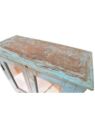 Presklená skrinka z teakového dreva, tyrkysová patina, 79x33x131cm