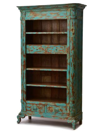 Knižnica z teakového dreva, tyrkysová patina, 109x49x199cm