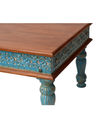 Konferenčný stolík z teakového dreva, ručné rezby, tyrkysová patina, 120x66x45cm