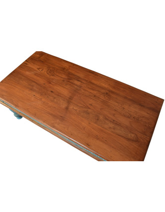 Konferenčný stolík z teakového dreva, ručné rezby, tyrkysová patina, 120x66x45cm