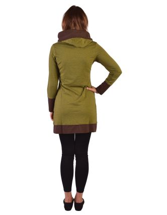 Mikinové šaty s dlhým rukávom z biobavlny, zeleno-hnedé, drobný potlač, kapucňa