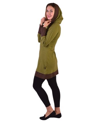 Mikinové šaty s dlhým rukávom z biobavlny, zeleno-hnedé, drobný potlač, kapucňa