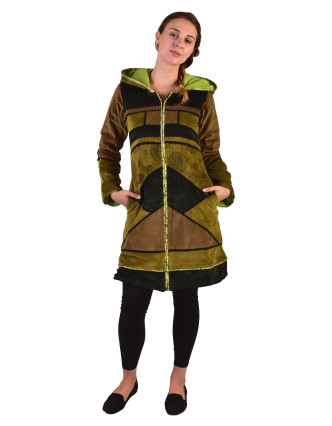 Kaki-zelený zamatový kabátik s kapucňou, patchwork a Chakra tlač-