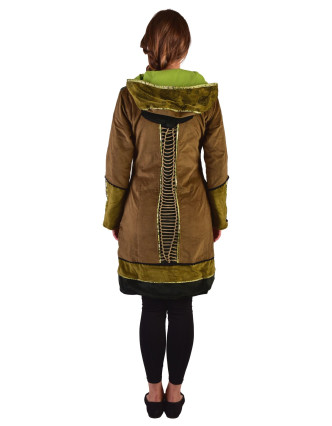 Kaki-zelený zamatový kabátik s kapucňou, patchwork a Chakra tlač-